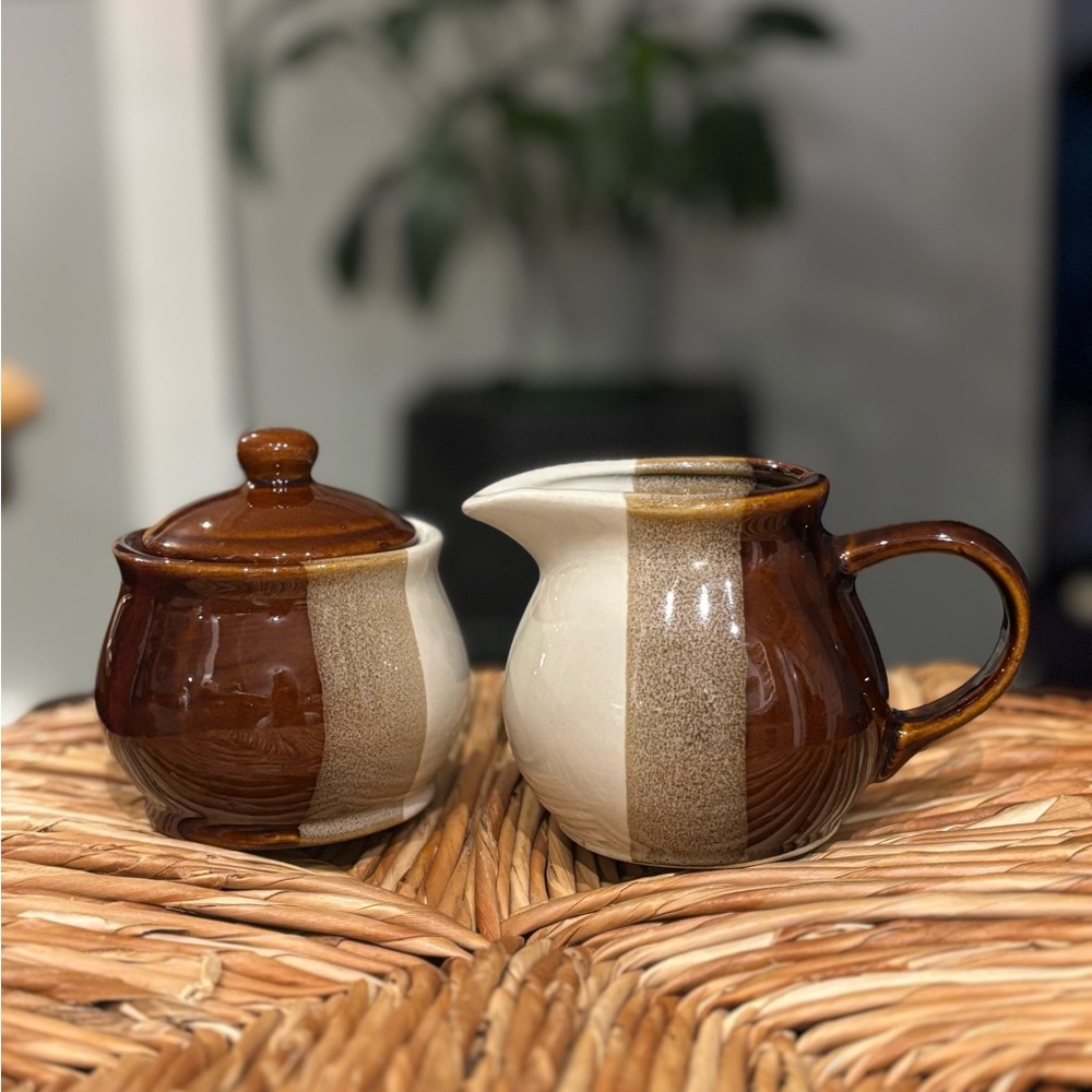 Mid Century Farm House Brown and Cream Ceramic Sugar and Creamer Stoneware Set
